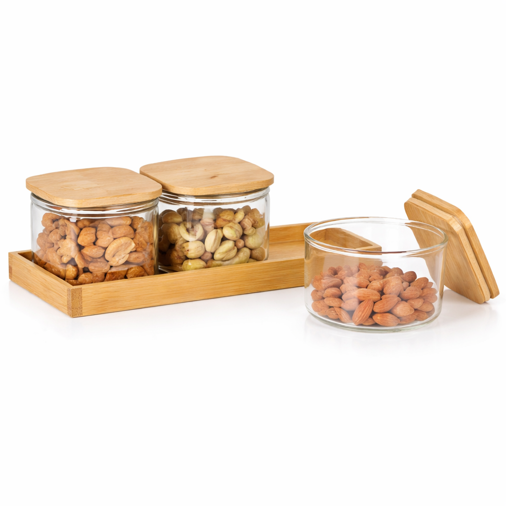 4Pcs Glass Storage Jar Set with Bamboo Lids & Wooden Tray – Elegant Kitchen Organizer