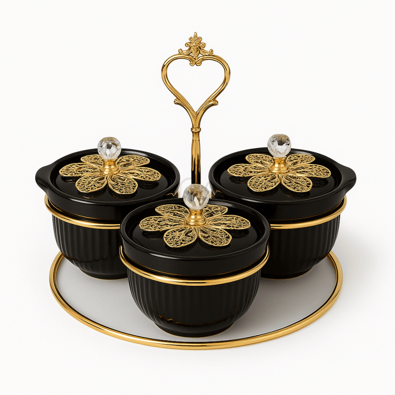 Luxury Black & Gold 3-Piece Flower Condiment Set with Handle | Elegant Tabletop Spice & Sauce Organizer