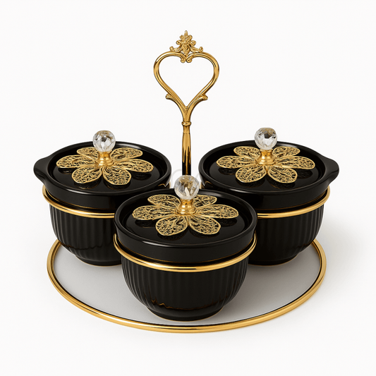 Luxury Black & Gold 3-Piece Flower Condiment Set with Handle | Elegant Tabletop Spice & Sauce Organizer