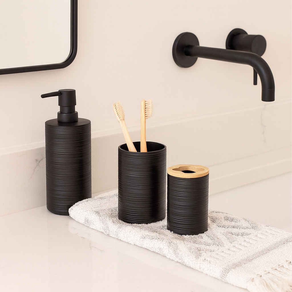 Modern Black Bathroom Accessory Set with Bamboo Accents