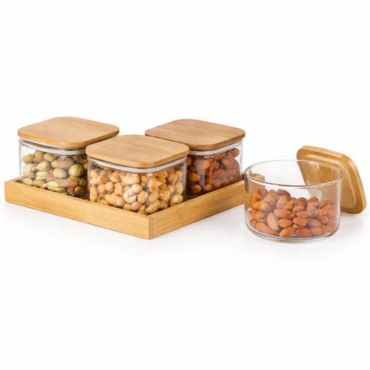 5Pcs Glass Storage Jar Set with Bamboo Lids & Wooden Tray – Premium Kitchen Organizer