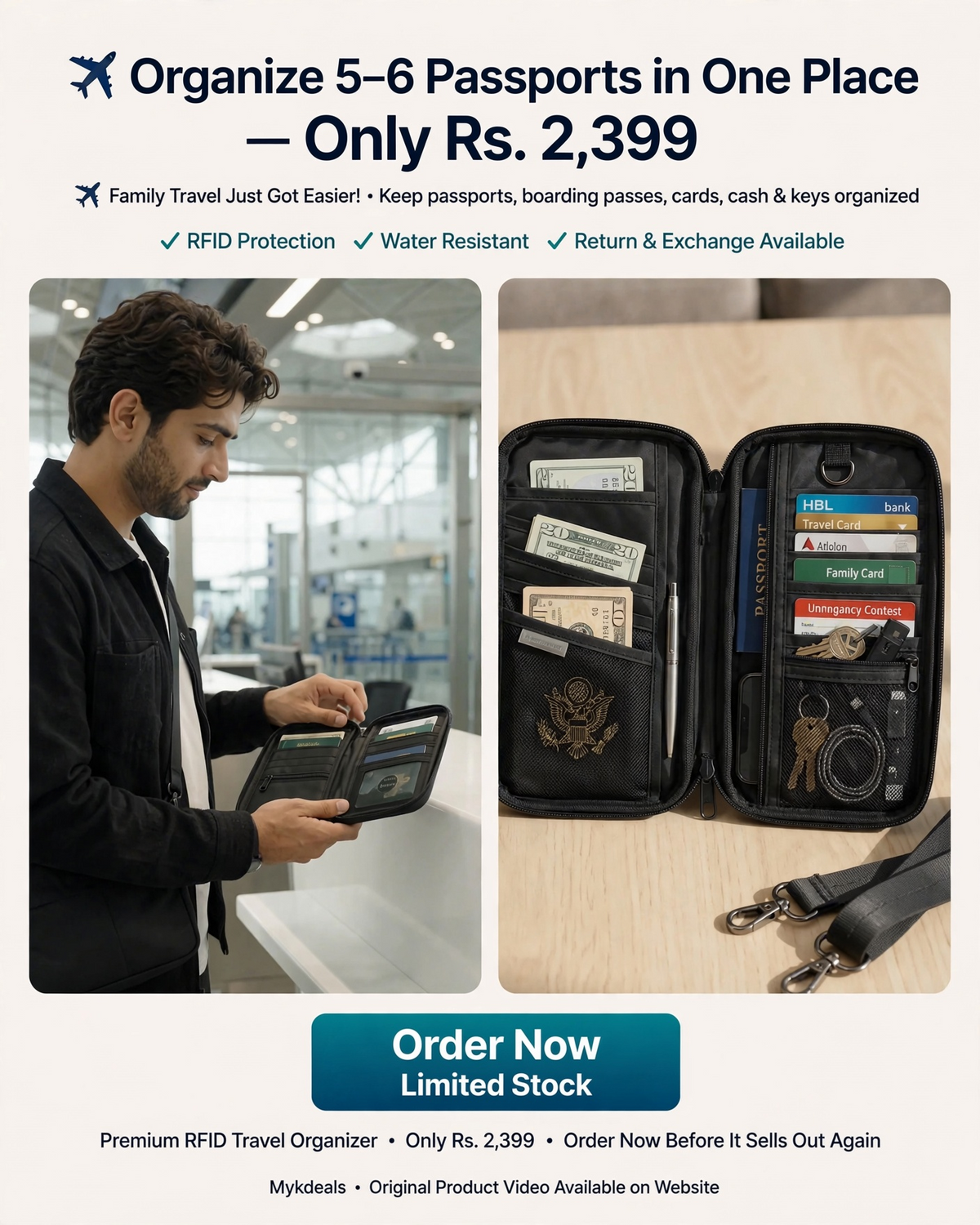 Family Passport Holder Travel Wallet with Shoulder Strap