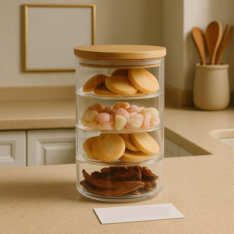 3-Tier Glass Storage Jar with Wooden Lid for Kitchen