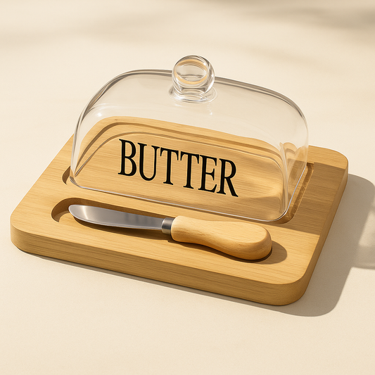 Glass Butter Dish with Bamboo Base and Wooden Knife