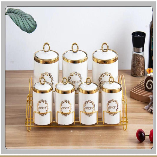 7 Pcs Canister Set with Stand – Stylish Kitchen Storage Jars for Tea, Sugar, Coffee, Spices