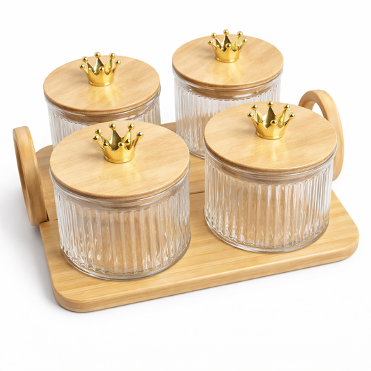 5Pcs Glass Storage Jar Set with Crown Knobs & Bamboo Tray