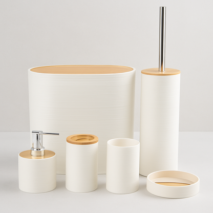 Modern White Bathroom Accessory Set with Bamboo Accents