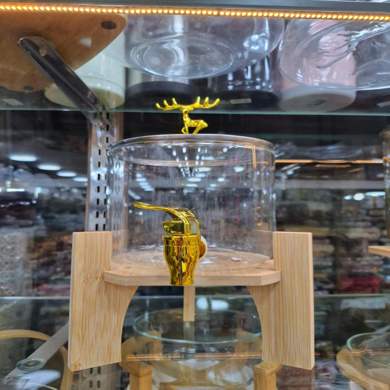 Round Glass Beverage Dispenser – Golden Tap & Wooden Stand | Adornia.pk