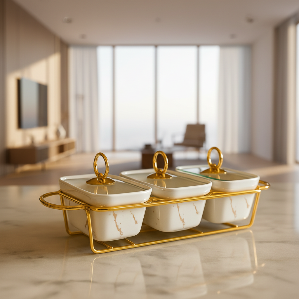 Elegant 3-Piece Marble Serving Dish Set – 9 cm Rectangular Ceramic Bowls with Glass Lids & Gold Frame