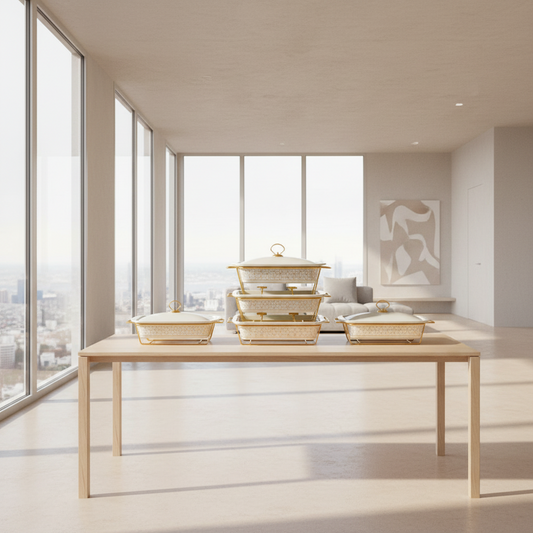 ELEGANT CERAMIC CHAFING DISH SET – WHITE AND GOLD BUFFET SERVER FOR KITCHEN & DINING TABLE