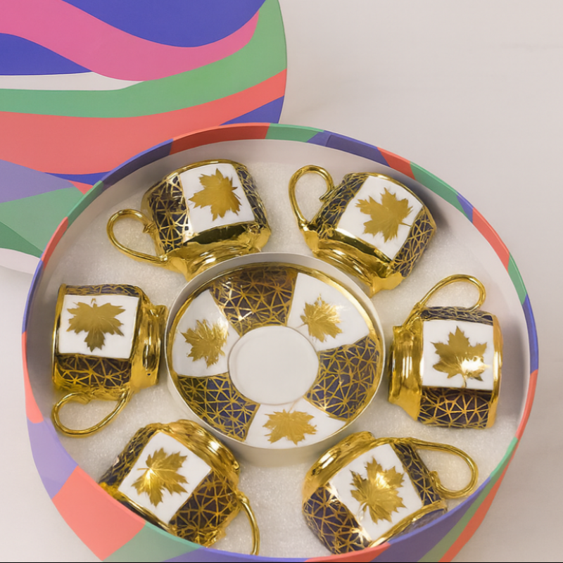 Elegant Coffee Cup & Saucer Set – Gold Maple Leaf Design with Round Gift Box | Luxury Tea & Coffee Set