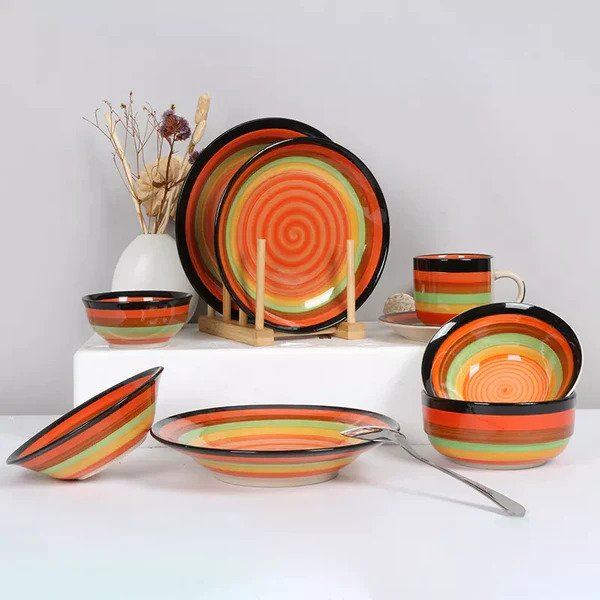 Porcelain Spiral Bowls & Plates Set (Pack of 12)