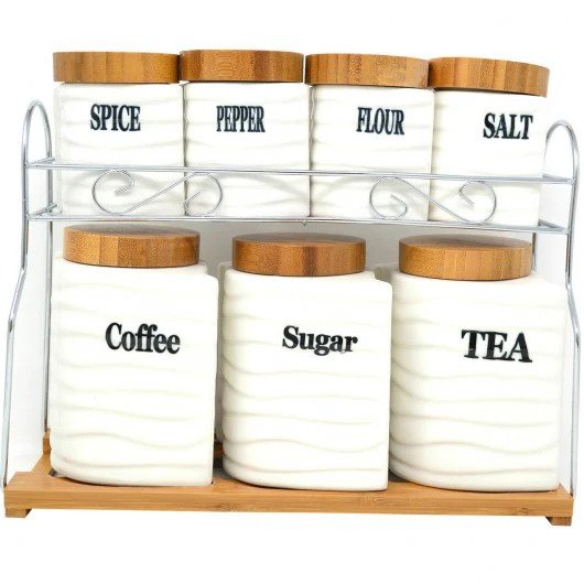 Set Of 7 Ceramic Canister Storage Container with Stand