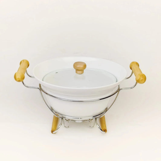 Ceramic Food Warmer With Glass Lid & Metal Stand