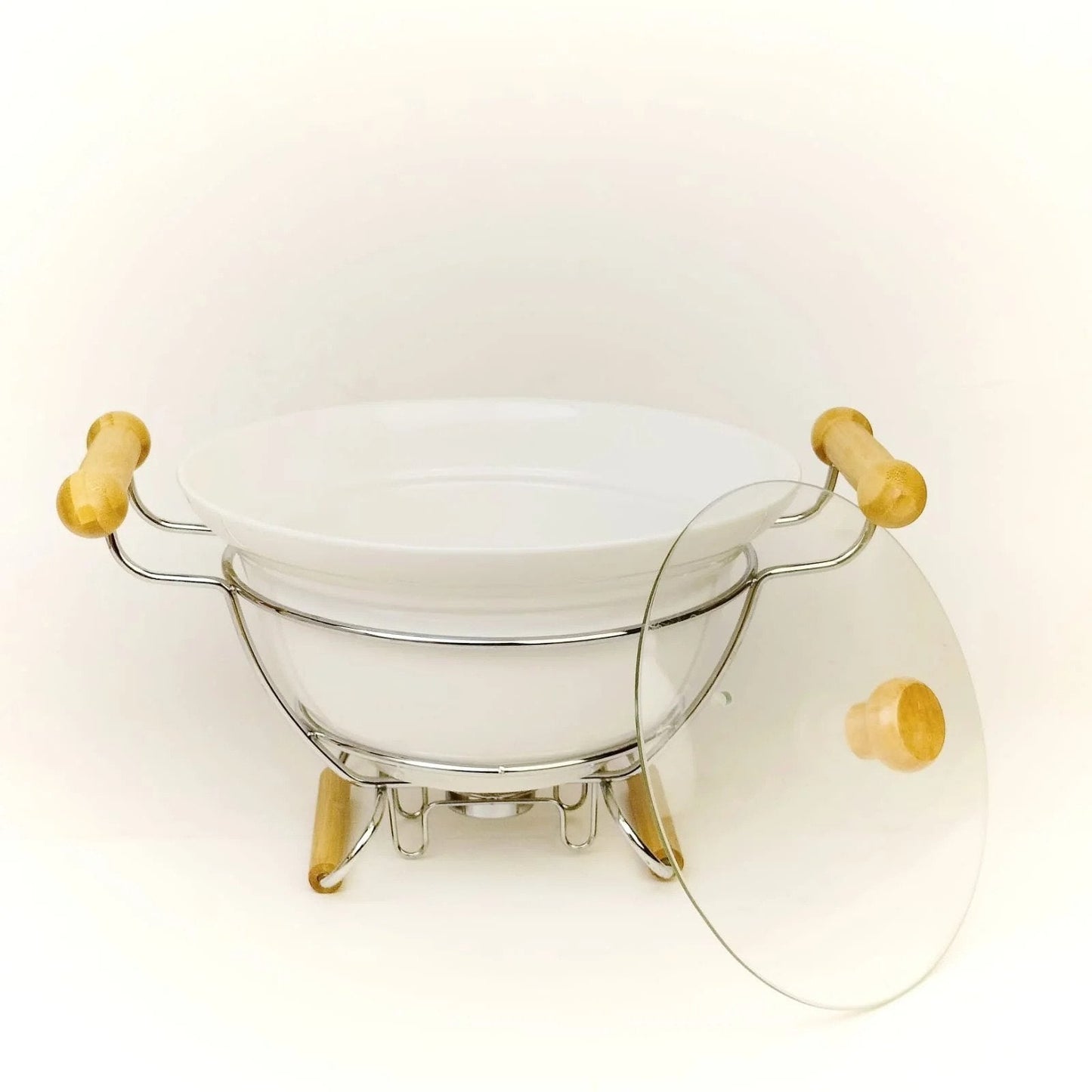 Ceramic Food Warmer With Glass Lid & Metal Stand