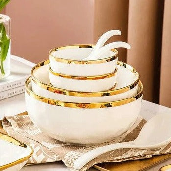 7pcs Ceramic Soup & Salad Bowls - White & Golden