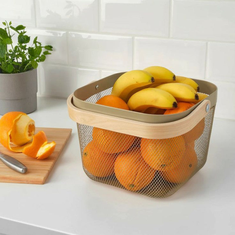 Modern Metal Mesh Fruit Basket with Wooden Handle – Stylish Kitchen Counter Storage for Fruits and Vegetables | Adornia.pk