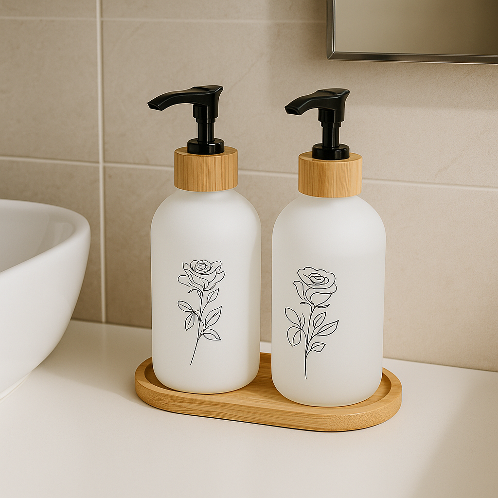 Frosted Glass Soap Dispenser Set with Bamboo Tray