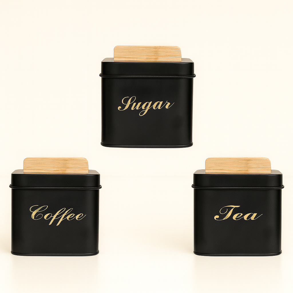 3-Piece Square Metal Sugar Canister Set with Bamboo Lids - Black