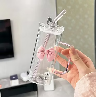 Cute Bow Glass Tumbler with Straw - 380ml