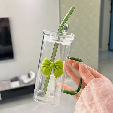 Cute Bow Glass Tumbler with Straw - 380ml