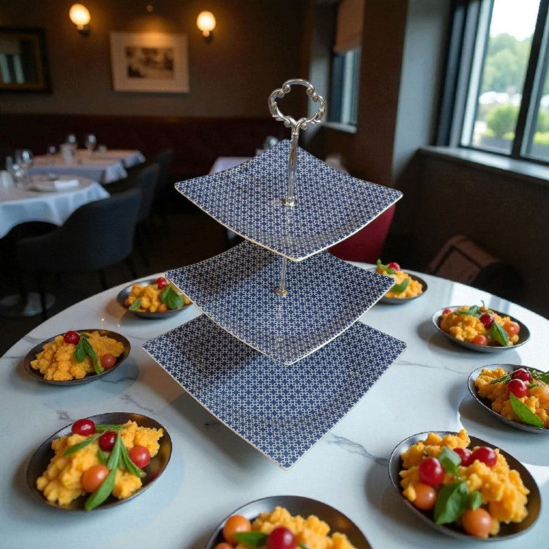 3-Layer Melamine Dessert Stand – Blue Mosaic Serving Tray for Cakes, Cupcakes & Pastries | Adornia.pk