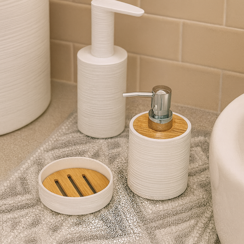 Modern White Bathroom Accessory Set with Bamboo Accents