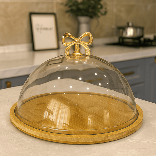 Fancy Cake Dome with Cover – Bamboo Wooden Base