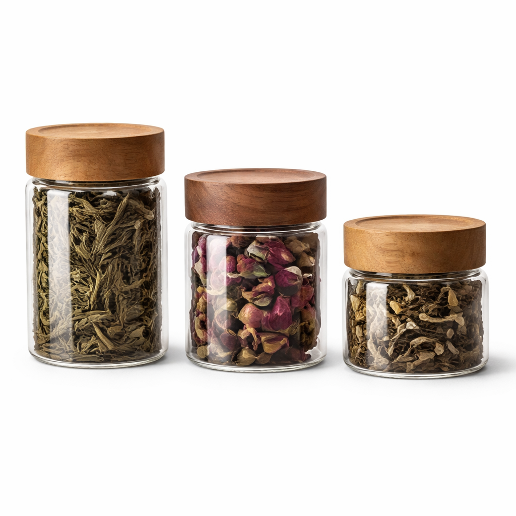 Minimalist Glass Storage Jars with Wooden Lids