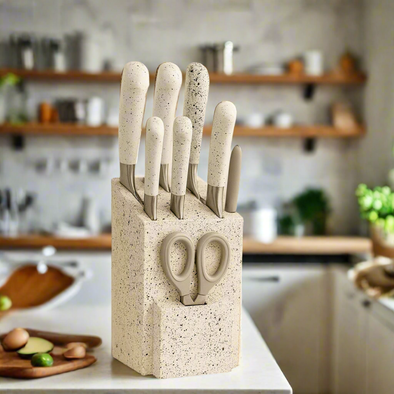 7-Piece Professional Knife Set – Durable Steel with Easy-Clean White Speckled Block