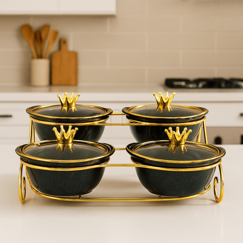 Luxury Black & Gold 4-Piece Crown Condiment Set with Stand | Elegant Tabletop Spice & Sauce Organizer