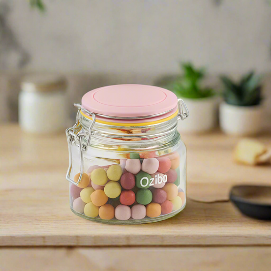 Glass Jar with Pink Lid Filled with Colorful Candy Balls – Airtight Food Storage Container & Decorative Candy Jar