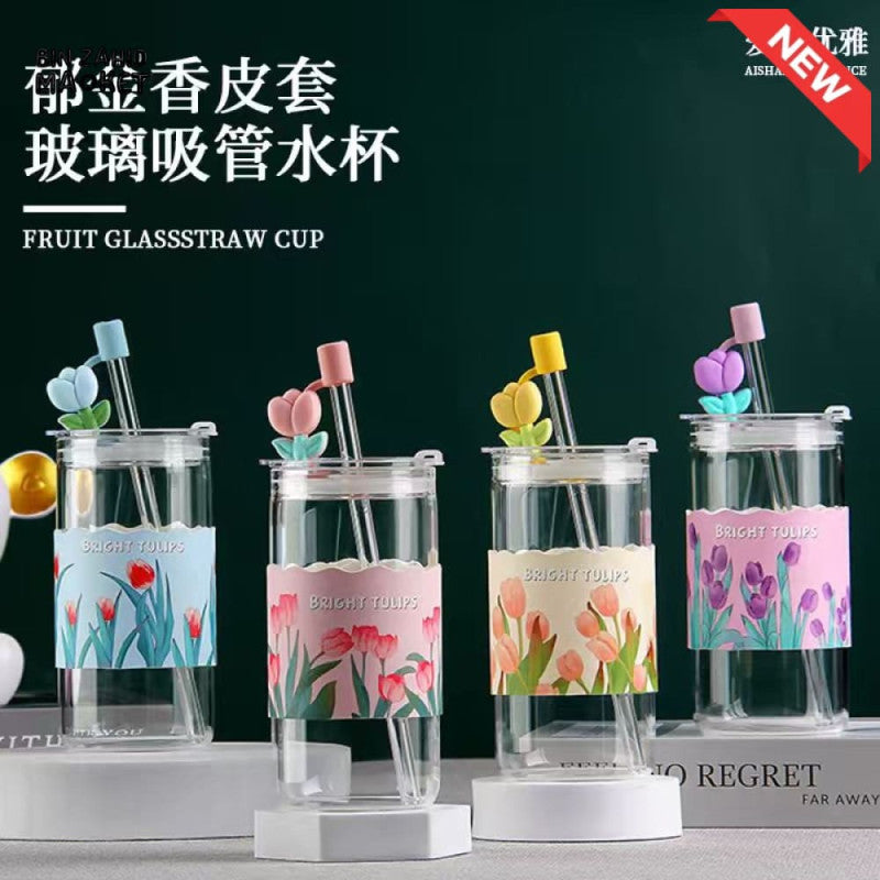 Glass Water Cup 410 ml – Straw & Airtight Lid | Flowers Series by adornia.pk