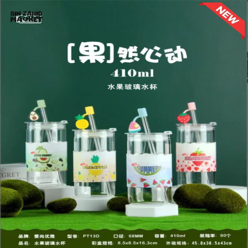 Glass Water Cup 410 ml – Straw & Airtight Lid | Fruit Series by adornia.pk