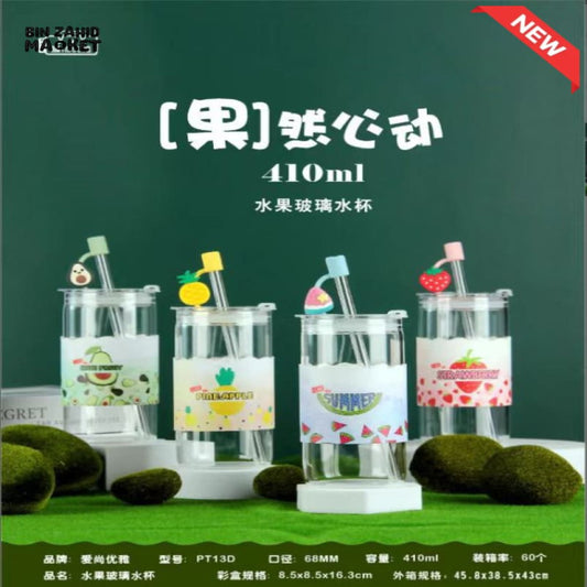 Glass Water Cup 410 ml – Straw & Airtight Lid | Fruit Series by adornia.pk