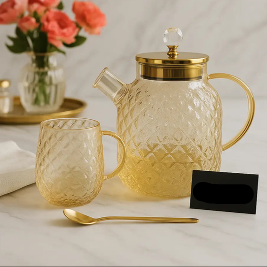 Golden Luxe Diamond Glass Tea Set – 13 Pcs | Elegant Kettle, Glasses & Spoons | Adornia Pakistan