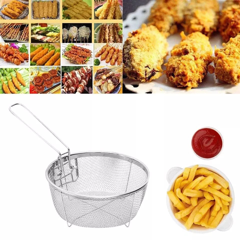 Kitchen Stainless Steel Chips Deep Fry Baskets, Food Presentation Strainer, Potato Chef Colander Tool Frying French Fries Basket, Fryer Mesh Fries Skimmer, Steel Wire Handle Colander Serving Net Holder