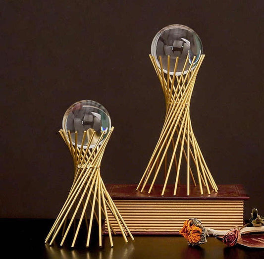 Golden Iron Crystal Ball With Geometric Metal Brass Stand