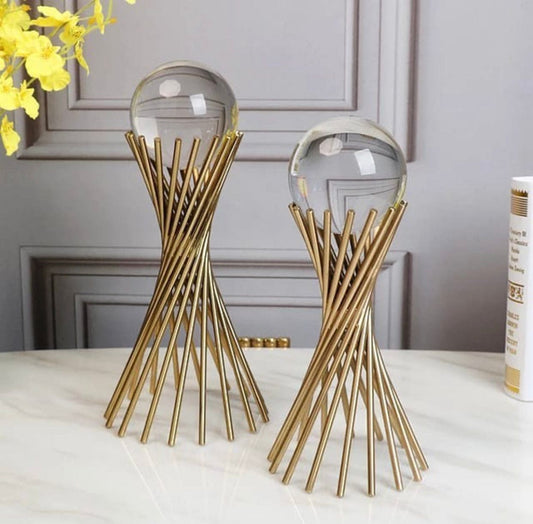 Golden Iron Crystal Ball With Geometric Metal Brass Stand