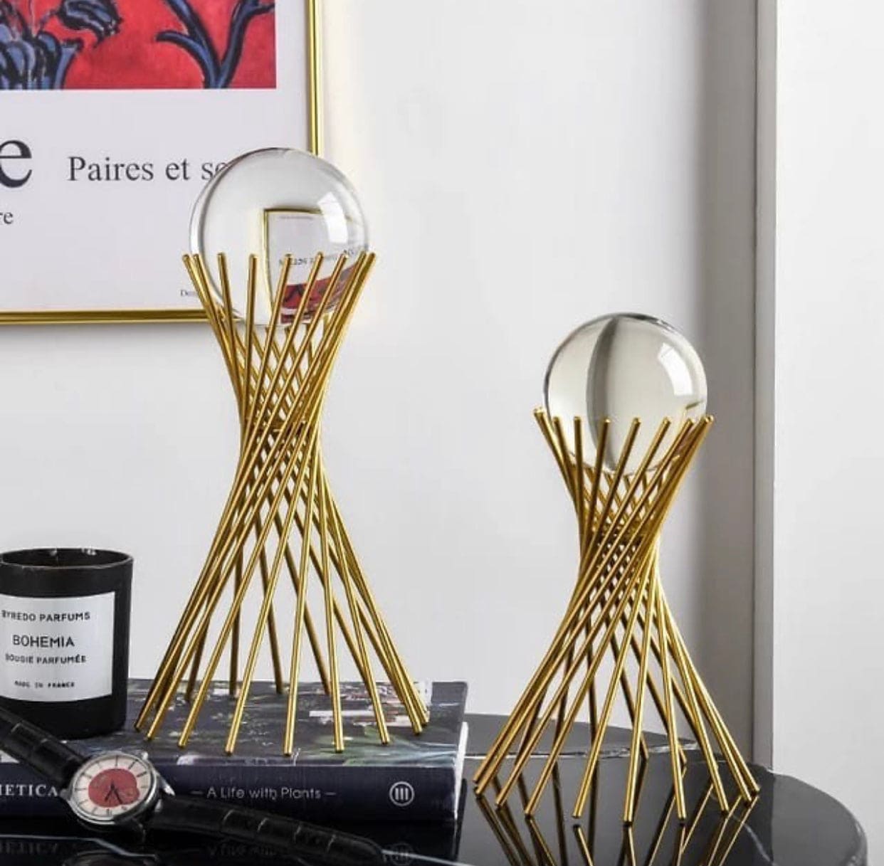 Golden Iron Crystal Ball With Geometric Metal Brass Stand, Ornament Desk Statue Sculptor Decor
