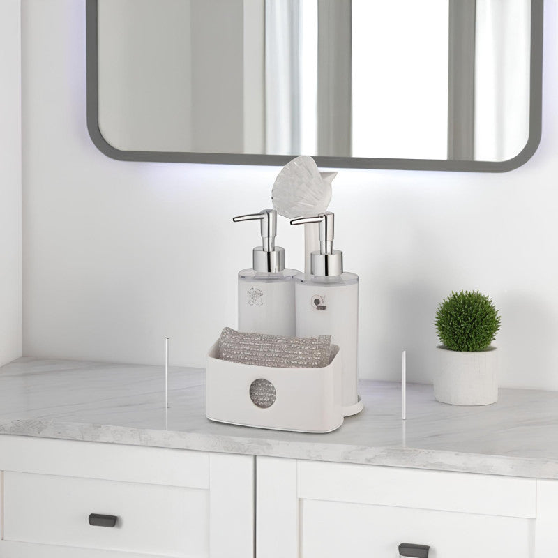 Limon Twin Liquid Dispenser with Sponge Holder & Brush – Dual Soap Pump for Kitchen Sink Cleaning | Adornia.pk