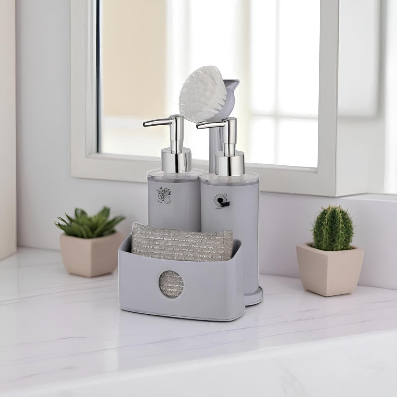 Limon Twin Liquid Dispenser with Sponge Holder & Brush – Dual Soap Pump for Kitchen Sink Cleaning | Adornia.pk