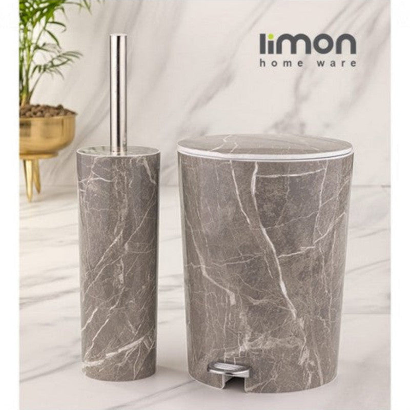 Limon MarblePrint Dustbin & Brush Set – Elegant Marble Design Waste Bin with Toilet Brush | Adornia.pk