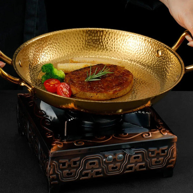 Golden Spanish Paella Deep Pan Stainless Steel Non-Stick Seafood Skillet Dual Handle