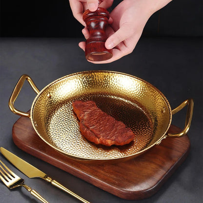 Golden Spanish Paella Deep Pan Stainless Steel Non-Stick Seafood Skillet Dual Handle