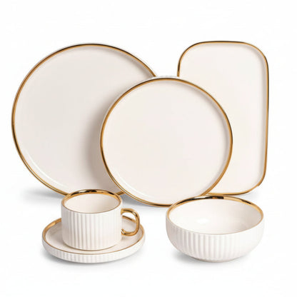 Porcelain Cream Shine Lining Dinner Set – 32 Pieces | Premium Ceramic Crockery Set