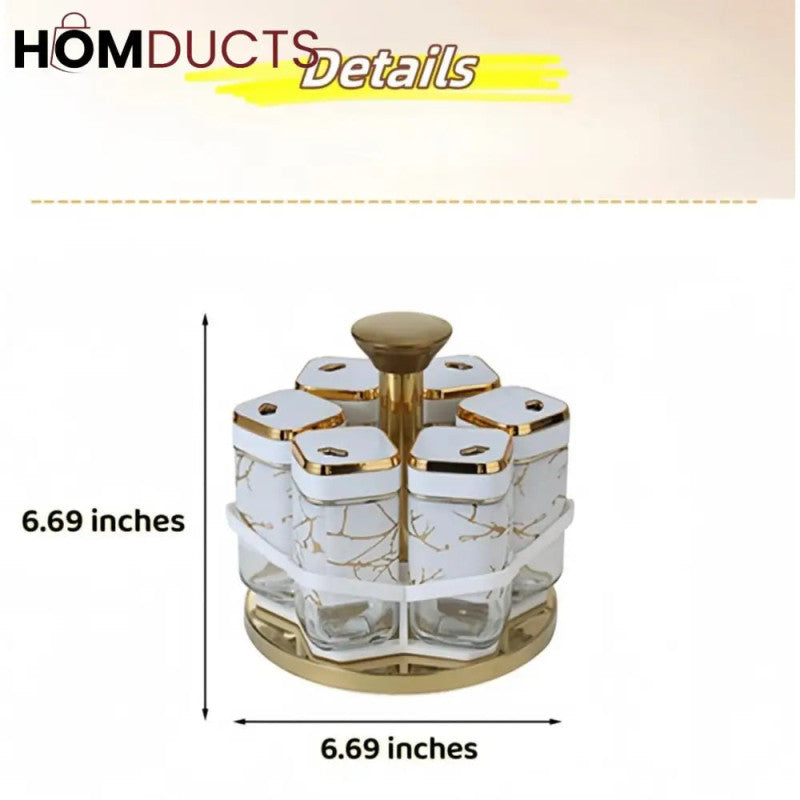Imperial Marble Rotating Spice Jar Set – 8-Piece Gold Edition Kitchen Organizer