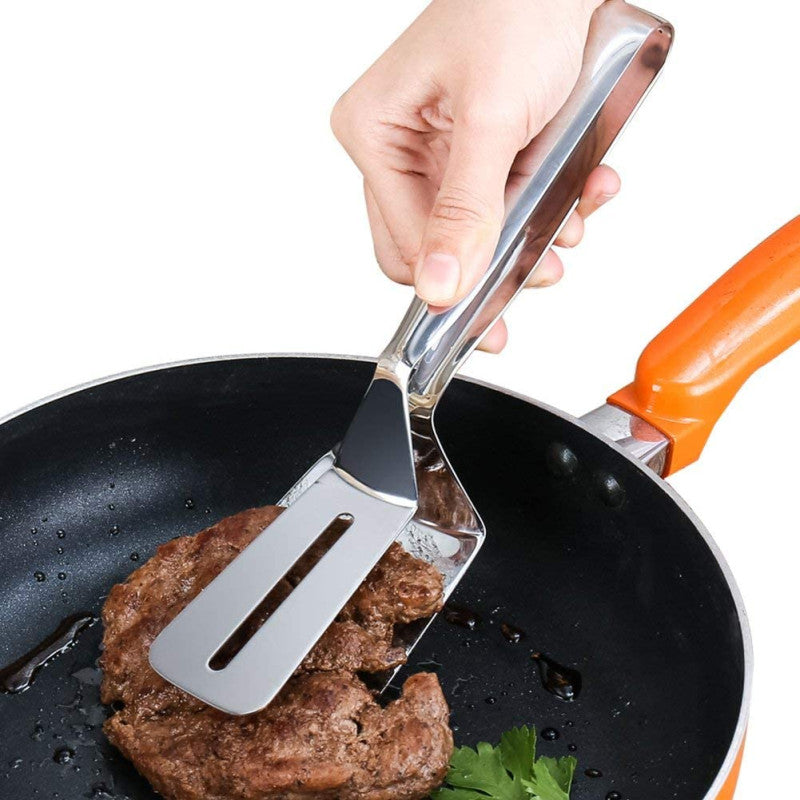 Multi-Functional Stainless Steel 2-in-1 Spatula Tongs – Kitchen Tool | Adornia.pk
