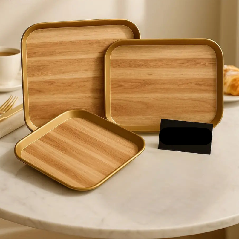 Luxury 3-Piece Wooden Finish Fiber Tray Set – Golden Rim