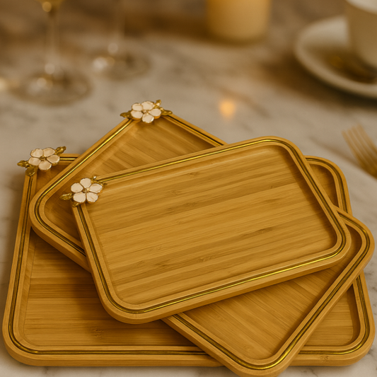Luxury Bamboo Platter Set – 3-Piece Stackable Serving Trays with Gold Rim